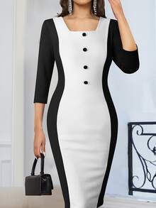 Two Tone Button Front Bodycon Dress - Black and White - View 4