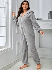 Plus Zip Front Hooded Flannelette Sleep Jumpsuit - Grey - View 5