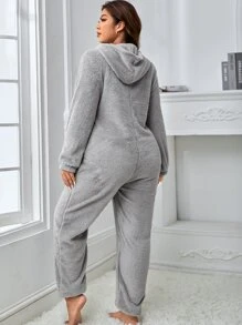 Plus Zip Front Hooded Flannelette Sleep Jumpsuit - Grey - View 2