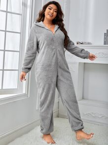 Plus Zip Front Hooded Flannelette Sleep Jumpsuit - Grey - View 3