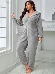 Plus Zip Front Hooded Flannelette Sleep Jumpsuit - Grey - View 4
