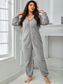 Plus Zip Front Hooded Flannelette Sleep Jumpsuit - Grey - View 1