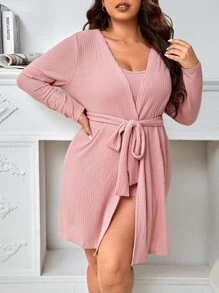 3 piezas Conjunto de pijama tejido waffle con cinturón - Rosa vieja - Ver 4