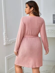 3 piezas Conjunto de pijama tejido waffle con cinturón - Rosa vieja - Ver 2