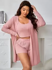 3 piezas Conjunto de pijama tejido waffle con cinturón - Rosa vieja - Ver 1