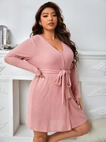 3 piezas Conjunto de pijama tejido waffle con cinturón - Rosa vieja - Ver 5