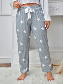 Plus Star Print Tie Front Sleep Trousers - Light Grey - View 1