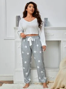 Plus Star Print Tie Front Sleep Trousers - Light Grey - View 3
