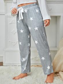 Plus Star Print Tie Front Sleep Trousers - Light Grey - View 4