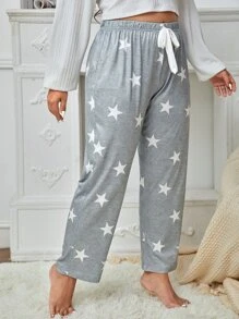 Plus Star Print Tie Front Sleep Trousers - Light Grey - View 5