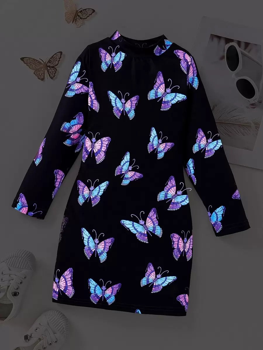 Toddler Girls Reflective Butterfly Print Mock Neck Dress - Black - View 1