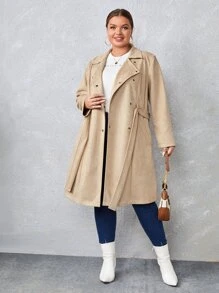 SHEIN Essnce Plus Double Breasted Belted Faux Suede Trench Coat - Khaki - View 6