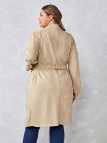 SHEIN Essnce Plus Double Breasted Belted Faux Suede Trench Coat - Khaki - View 4