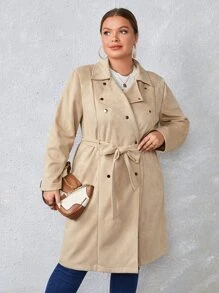 SHEIN Essnce Plus Double Breasted Belted Faux Suede Trench Coat - Khaki - View 2