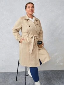 SHEIN Essnce Plus Double Breasted Belted Faux Suede Trench Coat - Khaki - View 3