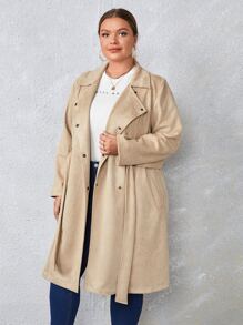 SHEIN Essnce Plus Double Breasted Belted Faux Suede Trench Coat - Khaki - View 5