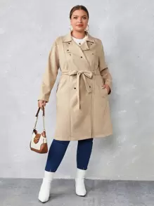 SHEIN Essnce Plus Double Breasted Belted Faux Suede Trench Coat - Khaki - View 1