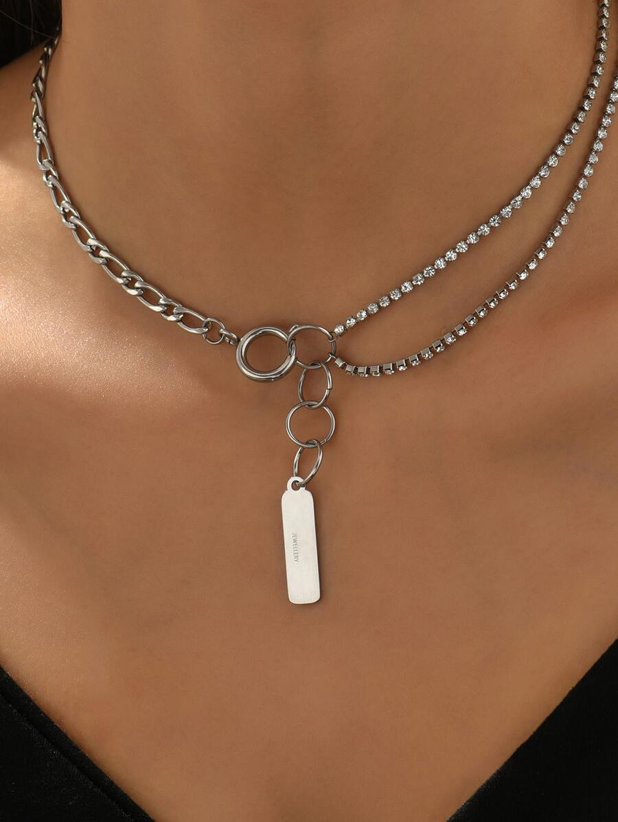 Rhinestone Decor Letter Detail Rectangle Charm Necklace - Silver - View 1