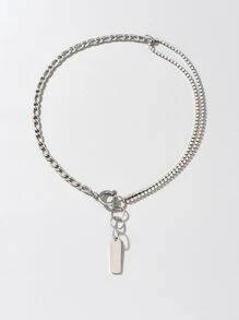 Rhinestone Decor Letter Detail Rectangle Charm Necklace - Silver - View 2