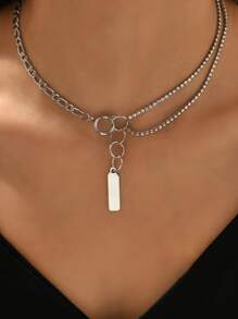 Rhinestone Decor Letter Detail Rectangle Charm Necklace - Silver - View 3