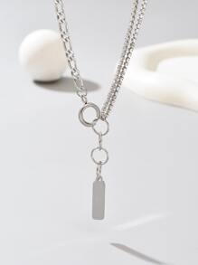 Rhinestone Decor Letter Detail Rectangle Charm Necklace - Silver - View 4