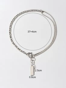 Rhinestone Decor Letter Detail Rectangle Charm Necklace - Silver - View 6