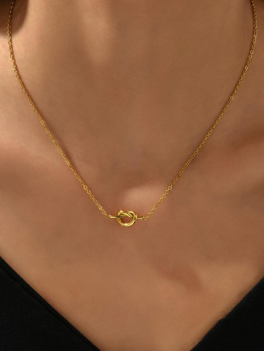 1pc 18K Gold Plated Stainless Steel Knotted Necklace, Women's Jewelry Gift, Everyday Wear, Holiday Present - Yellow Gold - View 1