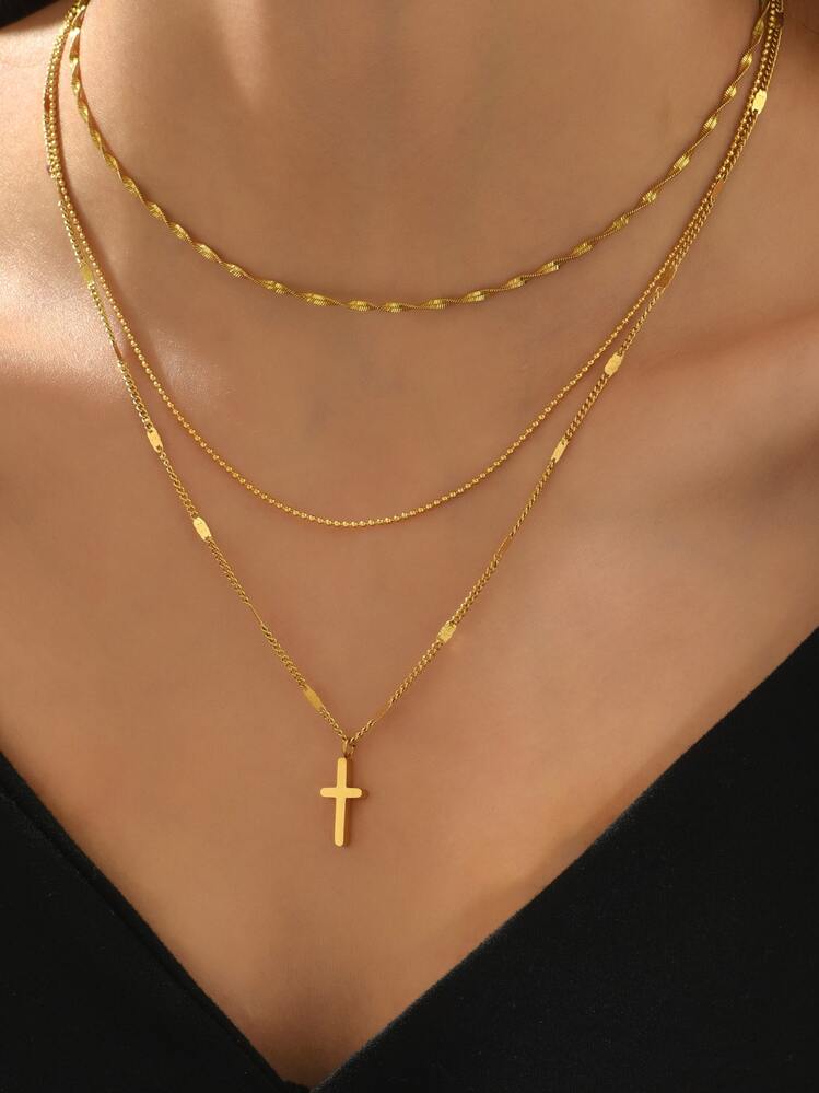 18k Gold Plated Multilayer Stainless Steel Cross Pendant Necklace For Women, , Suitable For Daily Wear And Holiday Gifts, Best Friend Gifts - Yellow Gold - View 1