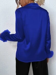 Allurite 毛茸茸袖口緞面襯衫 - 藍色 - 查看 2