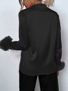 Allurite Áo sơ mi nữ Nút phía trước màu trơn Buổi tiệc - màu đen - Xem 2
