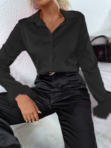 Allurite Áo sơ mi nữ Nút phía trước màu trơn Buổi tiệc - màu đen - Xem 3