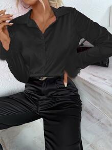 Allurite Áo sơ mi nữ Nút phía trước màu trơn Buổi tiệc - màu đen - Xem 6