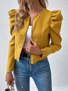 EMERY ROSE Gigot Sleeve Zipper Up Jacket Fall Winter Cloth For Women - Yellow - View 1