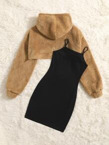 SHEIN 青少年女孩字母貼布連帽衫和吊帶洋裝