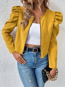 EMERY ROSE Gigot Sleeve Zipper Up Jacket Fall Winter Cloth For Women - Yellow - View 3