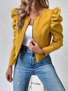 EMERY ROSE Gigot Sleeve Zipper Up Jacket Fall Winter Cloth For Women - Yellow - View 5