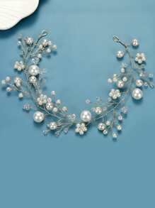 Bead & Faux Pearl Decor Bridal Hair Band - Gold - View 1