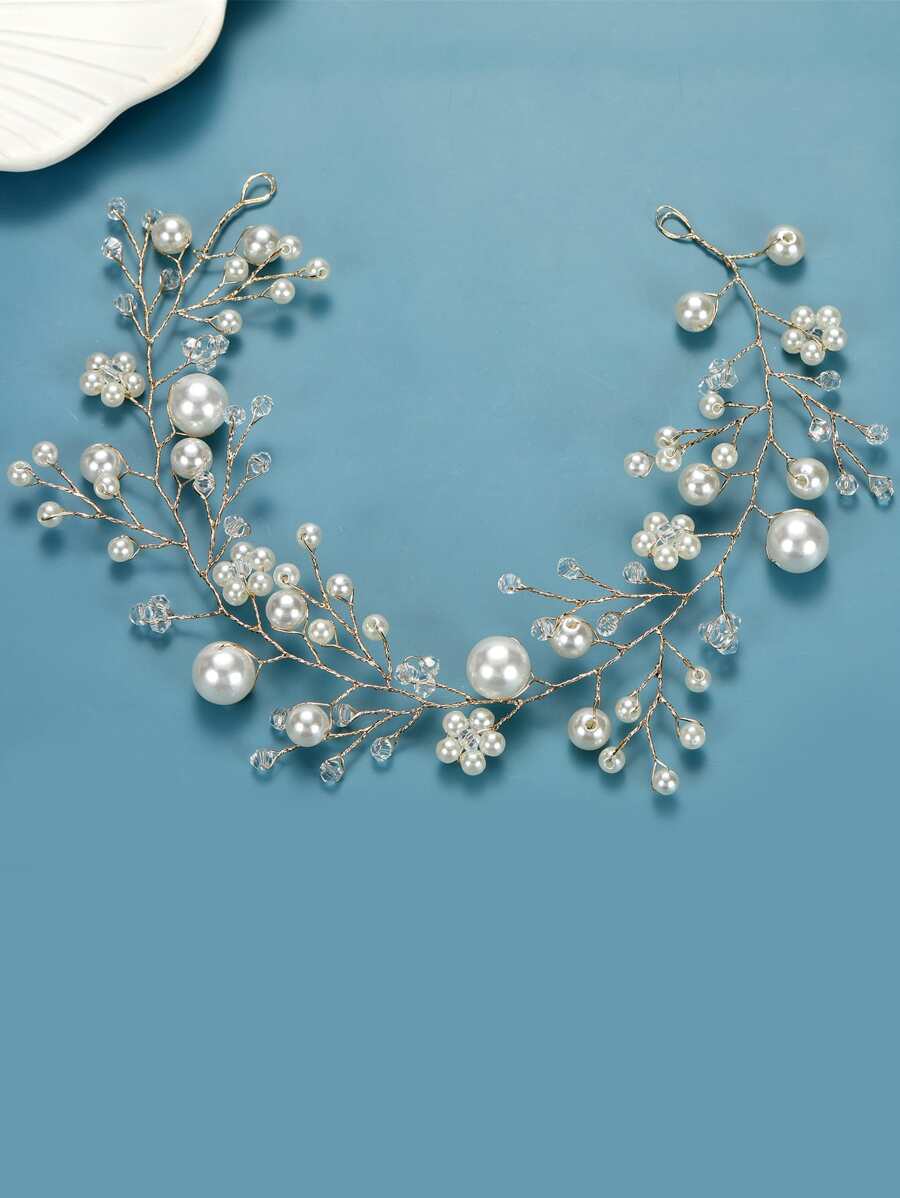 Bead & Faux Pearl Decor Bridal Hair Band - Gold - View 1