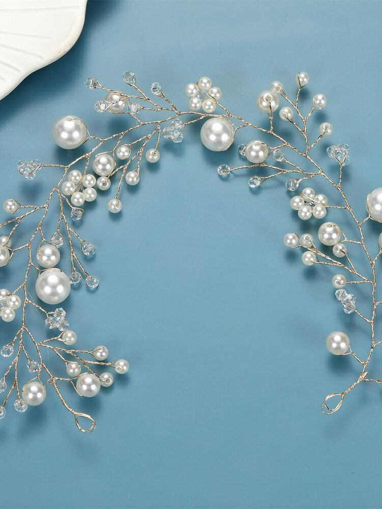 Bead & Faux Pearl Decor Bridal Hair Band - Gold - View 2