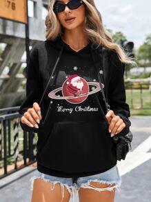 Christmas Print Kangaroo Pocket Drawstring Hoodie - Black - View 1