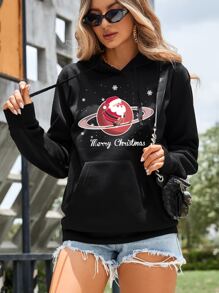 Christmas Print Kangaroo Pocket Drawstring Hoodie - Black - View 6