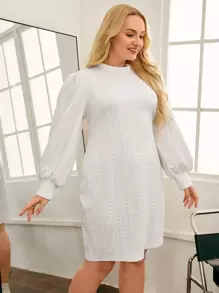 SHEIN Essnce 大碼小高領燈籠袖麻花編織洋裝 - 白色 - 查看 4