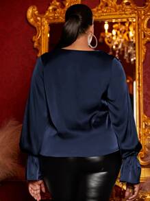 SHEIN SXY Plus Ruffle Trim Flounce Sleeve Satin Blouse - Navy Blue - View 2