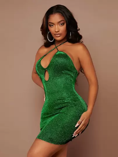 My shawty⭐︎ shiny frill dress green SHEIN SXY Crisscross Tie Back Metallic Bodycon Dress | SHEIN EUQS