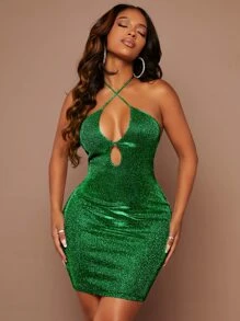 SHEIN SXY Vestido ajustado con tira cruzada con cordón trasero de color metálico - Verde - Ver 3