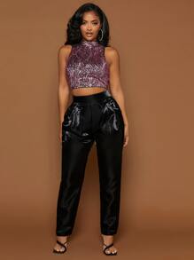 SHEIN SXY Áo hai dây Dây kéo màu trơn Buổi tiệc - Màu tím - Xem 4