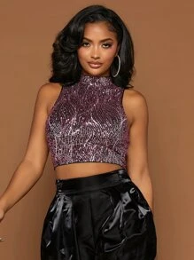 SHEIN SXY Áo hai dây Dây kéo màu trơn Buổi tiệc - Màu tím - Xem 5