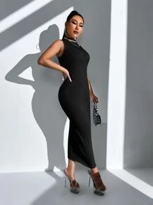 SHEIN SXY Mock Neck Ribbed Knit Tank Dress - Black - View 6