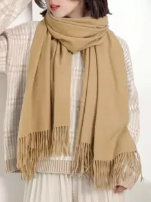 1 chal de bufanda cálido de cachemira sintética con flecos de color camel puro para mujer, talla grande, perfecto para uso diario - Camel - Ver 4