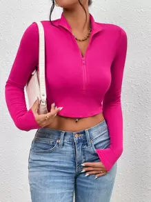 Flirla Zip Half Placket Crop Slim Tee Fall Cloth For Women - Hot Pink - View 1